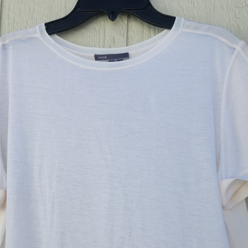 Vince Silk Cashmere Mixed Media Short Sleeve Rich Mom Luxury Cream Neutral - Picture 2 of 5
